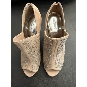 JLO Jezzabelle Suede Taupe Iridescent Rhinestone Heels